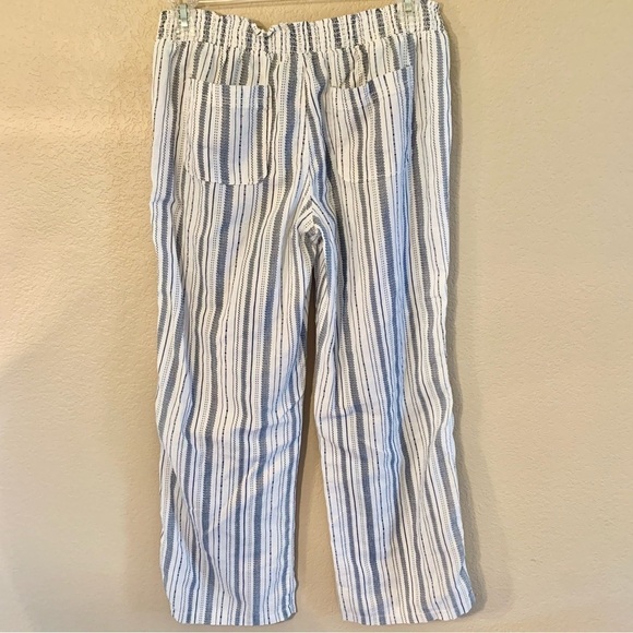 SO Linen Pants Medium White Blue Striped Smocked Waistband Ties Pockets - Picture 5 of 13